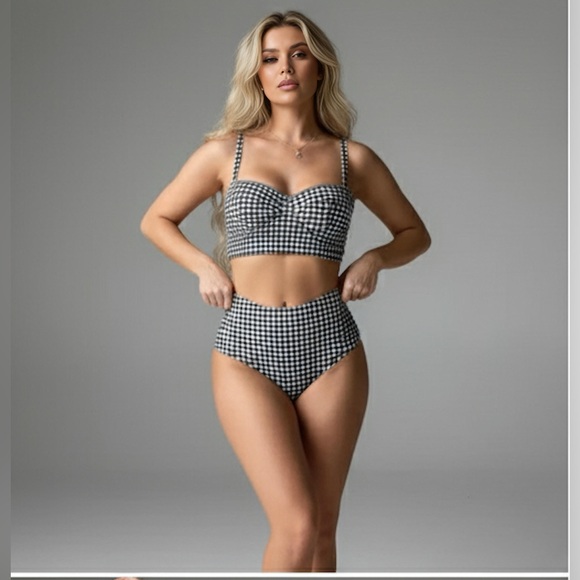 Gingham Twist Push Up Bra & High Waisted Bottom Bikini Blk/Wht - Picture 2 of 5